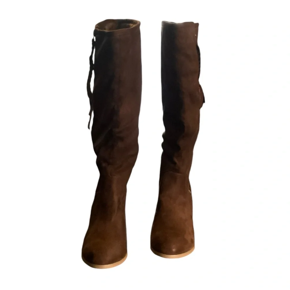 Faux Suede Boots Zip up fur lined  knee high - brown size 5 1/2 - Picture 2 of 6